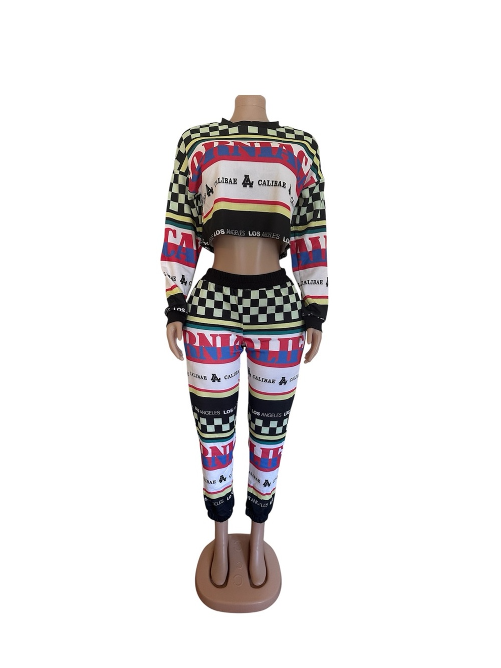 Fashion Nova Black Multi Graphic Checkerboard Crop Top & Jogger Set